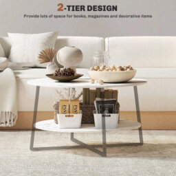 Round Coffee Table With Storage Shelf And Marble Effect Top, White - thumbnail 6