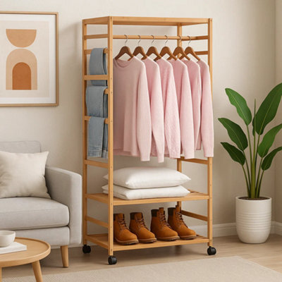 Modcraft Wooden Clothes Rail Garment Rack With Storage Shelves & Pulley Wheels - Natural Wood Coat & Clothes Hanger Stand - image 1