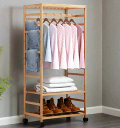 Modcraft Wooden Clothes Rail Garment Rack With Storage Shelves & Pulley Wheels - Natural Wood Coat & Clothes Hanger Stand - thumbnail 4