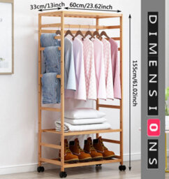 Modcraft Wooden Clothes Rail Garment Rack With Storage Shelves & Pulley Wheels - Natural Wood Coat & Clothes Hanger Stand - thumbnail 5