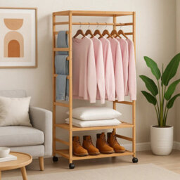 Modcraft Wooden Clothes Rail Garment Rack With Storage Shelves & Pulley Wheels - Natural Wood Coat & Clothes Hanger Stand