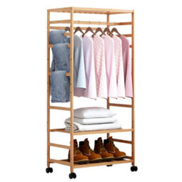 Modcraft Wooden Clothes Rail Garment Rack With Storage Shelves & Pulley Wheels - Natural Wood Coat & Clothes Hanger Stand - thumbnail 2