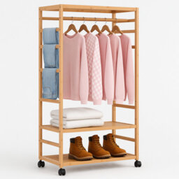 Modcraft Wooden Clothes Rail Garment Rack With Storage Shelves & Pulley Wheels - Natural Wood Coat & Clothes Hanger Stand - thumbnail 3