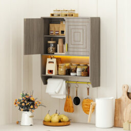 Costway Wall Mounted Bathroom Cabinet Over The Toilet Storage Cabinet With Lights-Grey - thumbnail 9