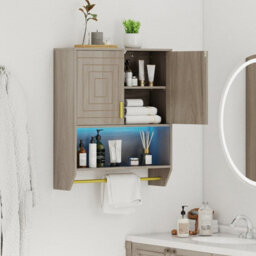 Costway Wall Mounted Bathroom Cabinet Over The Toilet Storage Cabinet With Lights-Grey
