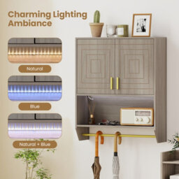 Costway Wall Mounted Bathroom Cabinet Over The Toilet Storage Cabinet With Lights-Grey - thumbnail 7