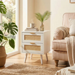 Living And Home Set Of 2 White Rattan 2 Drawer Wooden Leg Bedroom Nightstand Side Tables - thumbnail 3