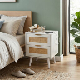 Living And Home Set Of 2 White Rattan 2 Drawer Wooden Leg Bedroom Nightstand Side Tables - thumbnail 2
