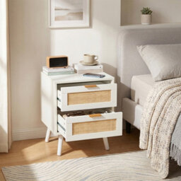 Living And Home Set Of 2 White Rattan 2 Drawer Wooden Leg Bedroom Nightstand Side Tables