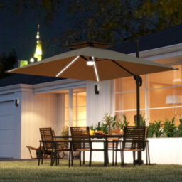 Outsunny 2.5M Cantilever Parasol, Garden Parasol With Lights, Khaki