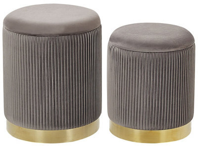 Beliani Set Of 2 Grey Tufted Storage Pouffes With Gold-Tone Base - Round, Compact Seating With Hidden Compartment - image 1