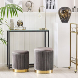 Beliani Set Of 2 Grey Tufted Storage Pouffes With Gold-Tone Base - Round, Compact Seating With Hidden Compartment - thumbnail 2