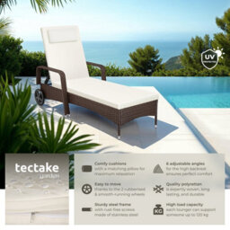 Tectake Sun Lounger - 6-Position Backrest, Weather & Uv-Resistant, Soft Pillow, Two Wheels - Mixed Brown - thumbnail 2