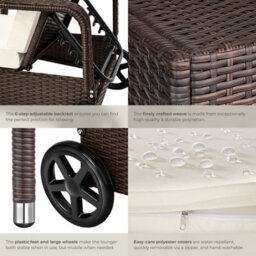 Tectake Sun Lounger - 6-Position Backrest, Weather & Uv-Resistant, Soft Pillow, Two Wheels - Mixed Brown - thumbnail 5