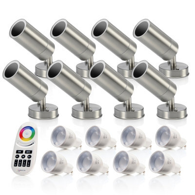Auraglow Stainless Steel Outdoor Gu10 Wall Spotlight - Rf Colour Changing - 8 Pack - image 1