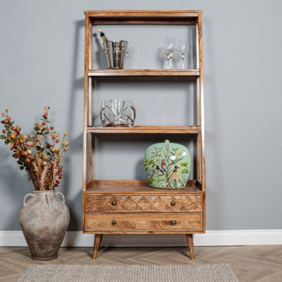 Elm Home And Products Elm Home And Garden Mango Wood Two Drawer Ladder Bookcase 2 Shelves Display Unit 180Cm High X 87Cm Wide X 41Cm Deep
