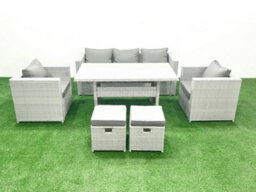 Fimous Garden Dining Set Outdoor Rattan Furniture Set Sofa Dining Table 2 Chairs 2 Small Stools Light Grey - thumbnail 1