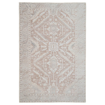 Loomed Neutral Beige Geometric Medallion Anti Slip Washable Runner Rug 60X240Cm - image 1