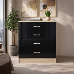 Harmin High Gloss 4 Drawer Chest - Height 68.5 Cm X Width 60 Cm X Depth 40 Cm (Black On Sonoma Oak) - thumbnail 2