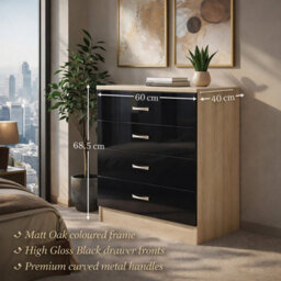 Harmin High Gloss 4 Drawer Chest - Height 68.5 Cm X Width 60 Cm X Depth 40 Cm (Black On Sonoma Oak) - thumbnail 3