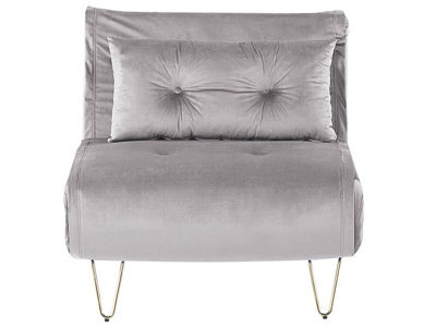 Wyld And Coco Small 1-Seater Sofa Bed Grey Velvet, Armless Fold-Out Sleeper With Cushion And Gold Metal Legs - image 1