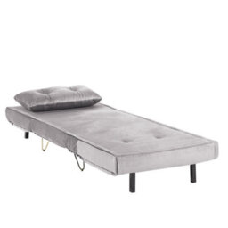 Wyld And Coco Small 1-Seater Sofa Bed Grey Velvet, Armless Fold-Out Sleeper With Cushion And Gold Metal Legs - thumbnail 8