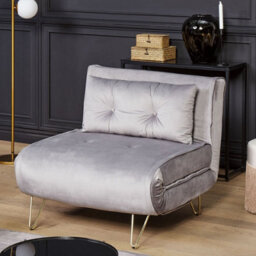 Wyld And Coco Small 1-Seater Sofa Bed Grey Velvet, Armless Fold-Out Sleeper With Cushion And Gold Metal Legs - thumbnail 2
