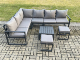 Fimous 8 Seater Aluminium Garden Furniture Set Outdoor Lounge Corner Sofa Coffee Table Sets With 2 Small Footstools Dark Grey - thumbnail 2