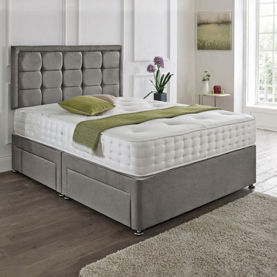 Dining Tables Dallas Matching Headboard Divan Set, 2 Drawer On Same Side With Sprung 1500 Comfort Mattress - Plush Grey - Double - image 1