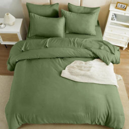 Ameha Plain Dyed Duvet Cover Complete Set With Matching Fitted Sheet & Pillowcase Microfiber Super King Olive Green - thumbnail 2