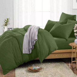 Ameha Plain Dyed Duvet Cover Complete Set With Matching Fitted Sheet & Pillowcase Microfiber Super King Olive Green - thumbnail 7