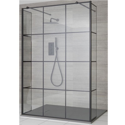 Homestylestore Black Grid Floating Glass Wet Room Walk In Shower Enclosure With Light Grey Slate Effect Tray 1400 X 800mm - image 1