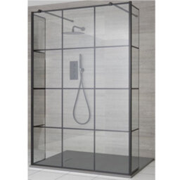 Homestylestore Black Grid Floating Glass Wet Room Walk In Shower Enclosure With Light Grey Slate Effect Tray 1400 X 800mm - thumbnail 1