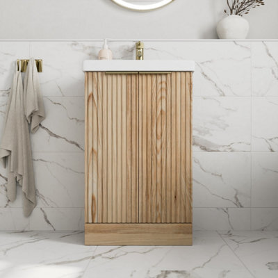 Affine Fluted 500mm Bathroom Vanity Unit Basin Floorstanding Cupboard Soft Close Oak - image 1