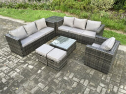 Fimous 9 Seater Rattan Garden Furniture Sofa Set With Armchair Side Table Square Coffee Table 2 Small Footstools Indoor - thumbnail 2