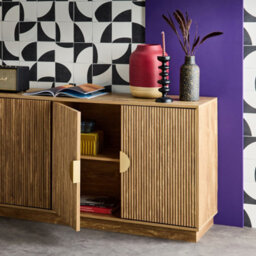 Sweeek - Exotic 4-Door Sideboard Grooved Mango Wood Effect Gilded Metal Handles W 180 X D 40 X H 75Cm