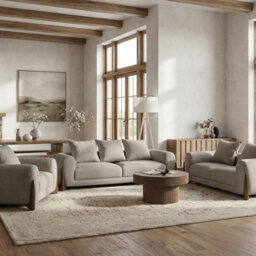 Wyld And Coco Aurora 6-Seater Taupe Fabric Sofa Set With Wooden Legs - Armchair, 2-Seater And 3-Seater - thumbnail 2