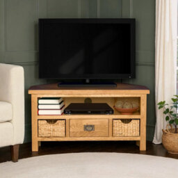 Surrey Oak 100Cm Corner Tv Unit With Baskets - Fully Assembled By Roseland Furniture - thumbnail 2