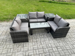 Fimous 6 Seater Rattan Garden Furniture Set Indoor Outdoor Patio Sofa Set With Coffee Table Love Seat Sofa 2 Side Tables - thumbnail 2