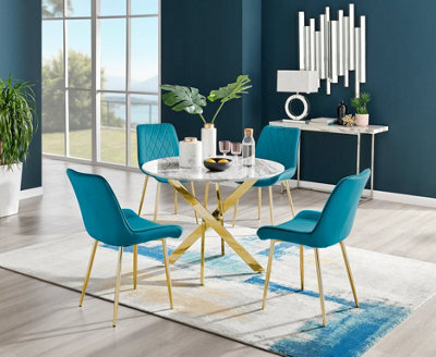 Furniturebox Novara White Marble Effect 100Cm Round Dining Table With Gold Starburst Legs & 4 Blue Velvet Pesaro Chairs - image 1