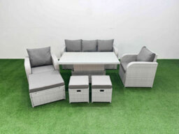 Fimous Pe Rattan Garden Furniture Set Reclining Chair Sofa Lounge Sofa Set Adjustable Lifting Table 3 Stools Light Grey - thumbnail 1