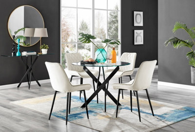 Furniturebox Novara Clear Tempered Glass 100Cm Round Dining Table With Black Starburst Legs & 4 Cream Pesaro Soft Velvet Chairs - image 1