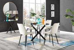 Furniturebox Novara Clear Tempered Glass 100Cm Round Dining Table With Black Starburst Legs & 4 Cream Pesaro Soft Velvet Chairs