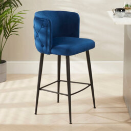 The Furniture Market Bella Boutique Blue Velvet Bar Stool Luxurious Design With Deep Button Back Black Satin Metal Legs Comfortable & Adjustable
