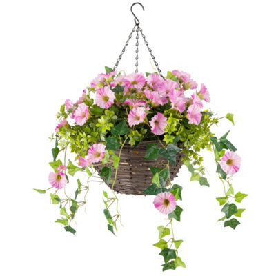 Christow Artificial Petunia Wicker Hanging Basket Uv Resistant Foliage Pink 30Cm - image 1