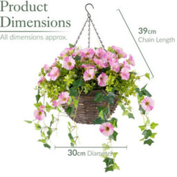Christow Artificial Petunia Wicker Hanging Basket Uv Resistant Foliage Pink 30Cm - thumbnail 7