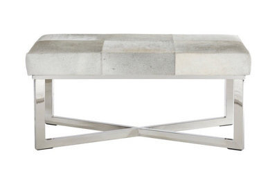 Orsina Genuine Leather Upholstered Grey Bench With Stainless Steel Base,textured Upholster Seat,grid Stitched Bench - image 1