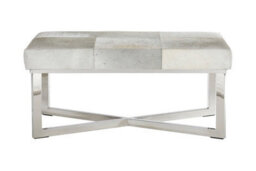 Orsina Genuine Leather Upholstered Grey Bench With Stainless Steel Base,textured Upholster Seat,grid Stitched Bench