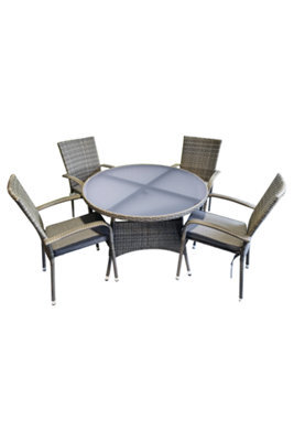Sh&g Heaton 4 Seat Dining Table Set - 5 Piece Round Table & Chairs - Grey Rattan With Grey Cushions - Indoor & Outdoor - image 1