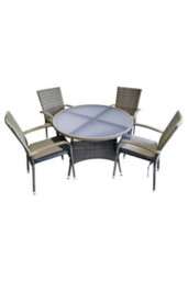 Sh&g Heaton 4 Seat Dining Table Set - 5 Piece Round Table & Chairs - Grey Rattan With Grey Cushions - Indoor & Outdoor - thumbnail 1